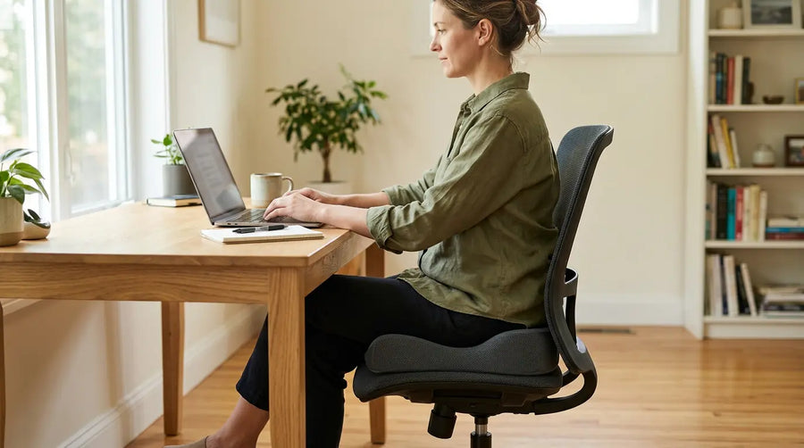 Woman working on a laptop while seated on a gray cushion on a mesh office chair