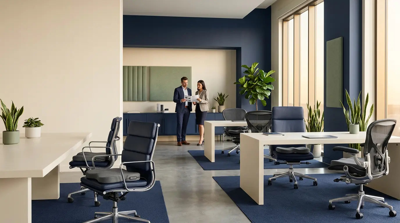 PEYAKO ergonomic seat cushions displayed in a modern retail and business partnership setting