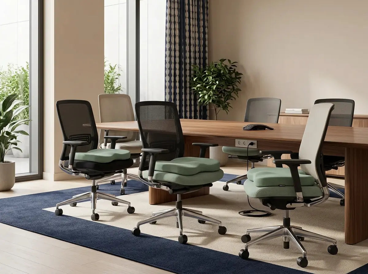 Multiple office chairs with ergonomic seat cushions prepared for workplace and business use