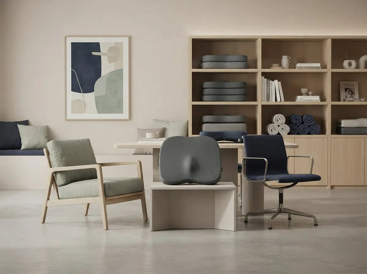 Ergonomic seat cushions arranged in a clean showroom for authorized dealer partners
