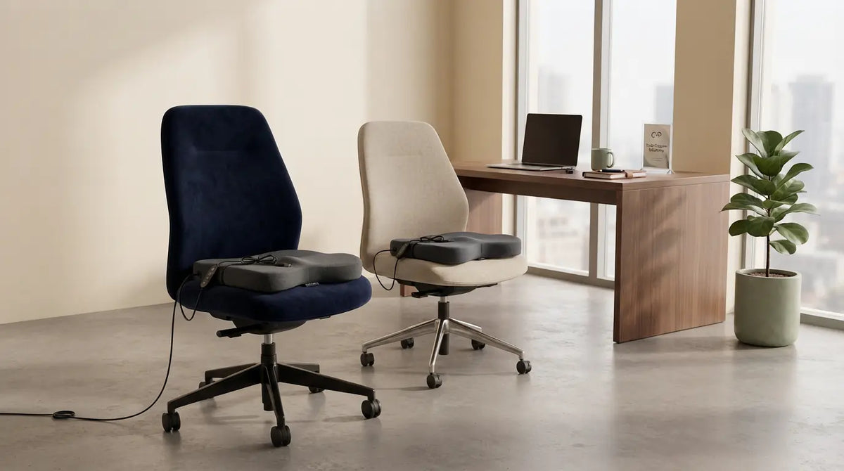Ergonomic PEYAKO seat cushions on modern office chairs in a calm workplace setting